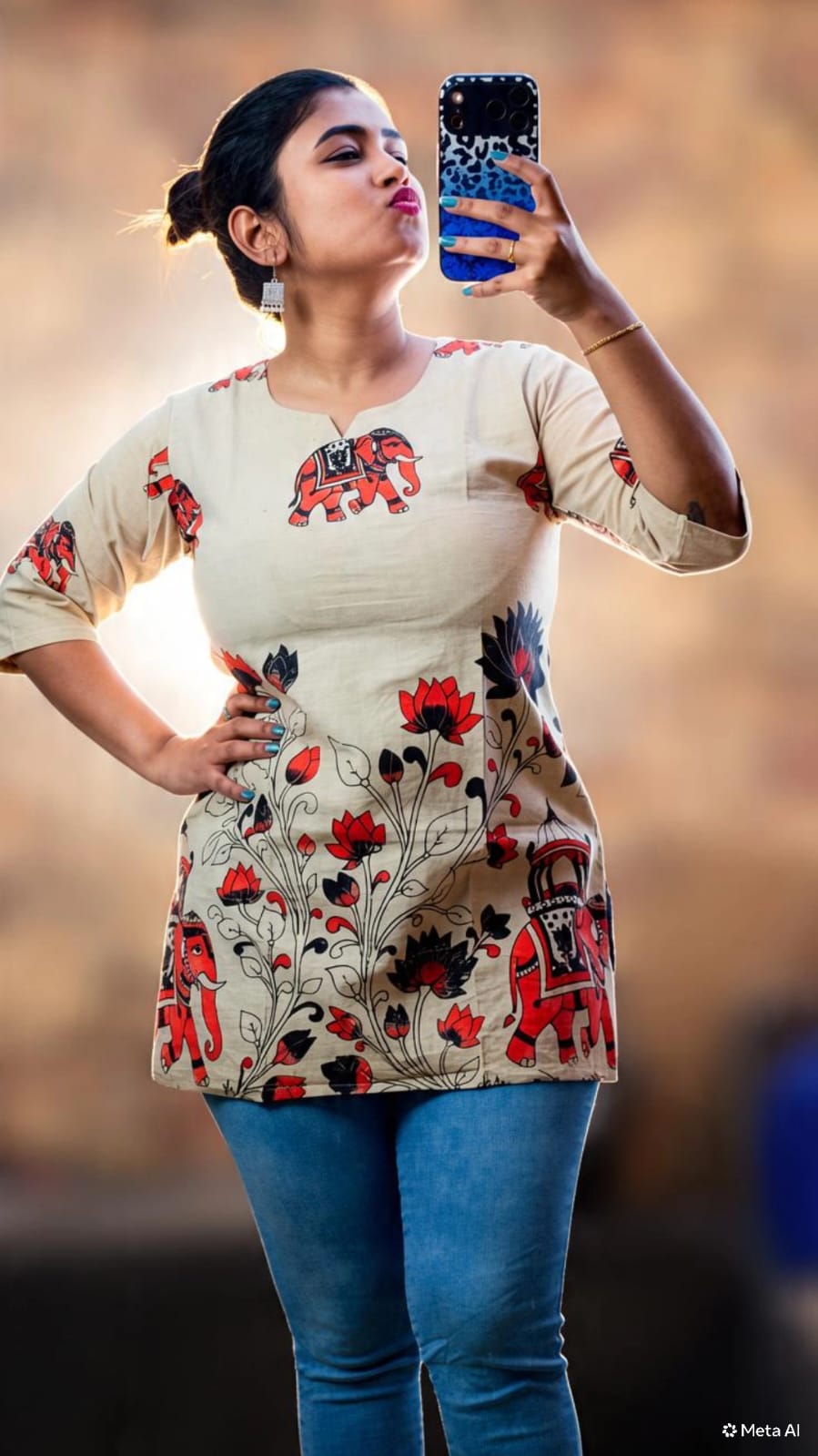 short kalamkari  elephant print kurti